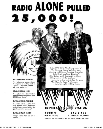 April 7, 1952, Broadcasting Magazine - Ad for WJW Radio Cleveland featuring Alan Freed. Freed is seen using a Western Electric 633 mic
