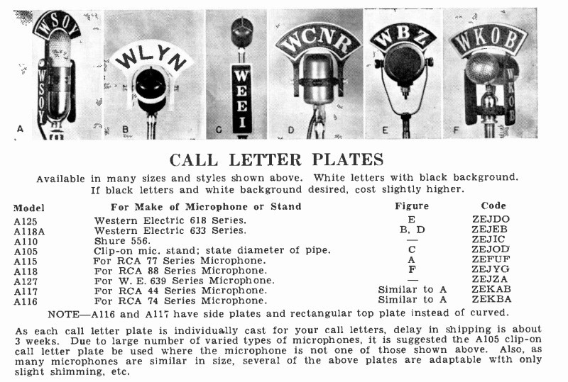 Call Letter Plates from a 1953 Gates Catalog Flags Mic Antique Vintage WBZ WSOY WLYN WEEI