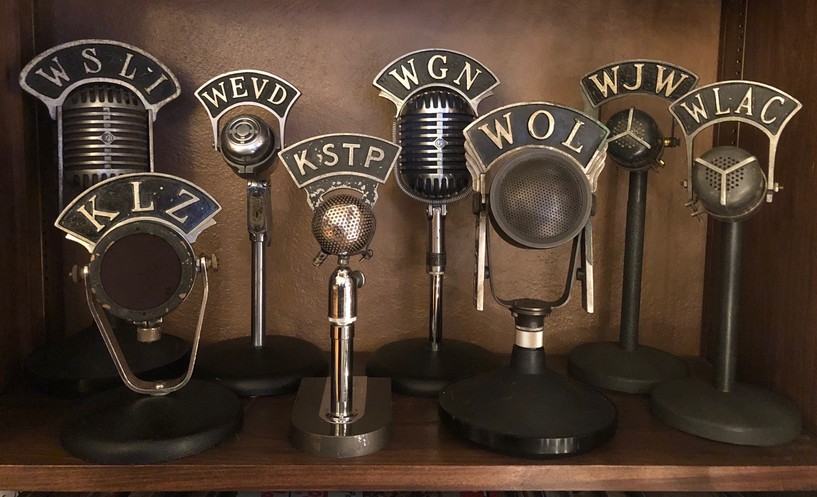 Collection of vintage radio station microphones from RCA, Western Electric, Electro Voice and Shure WSLI WGN WLAC WJW WOL WEVD KSTP
